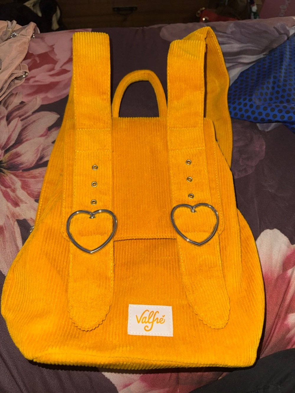 Valfre Orange/Yellow Corduroy Mini Backpack with Heart Buckles